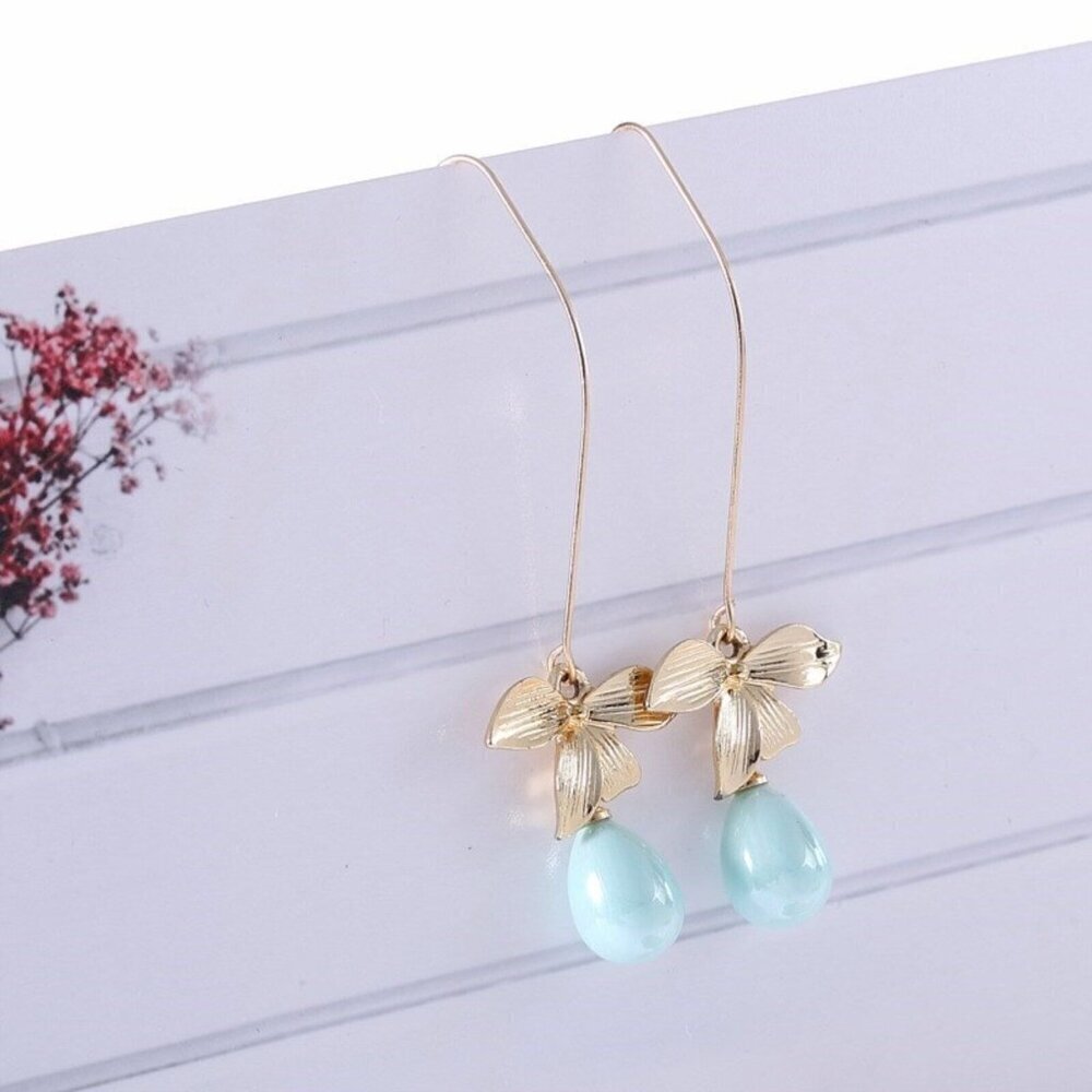 Edgy Minty Blue Teardrop Pearl Orchid Flower Gold Plated Long Earrings